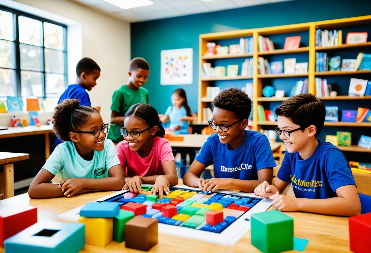 A vibrant and colorful illustration of a diverse group of children engaged in various interactive educational activities, such as building blocks, coding games, and science experiments, surrounded by digital screens showcasing educational resources. The background features bookshelves filled with inspiring literature and playful learning materials, creating an energetic and stimulating environment. Bright and cheerful atmosphere. super-realistic. vibrant colors. educational theme.