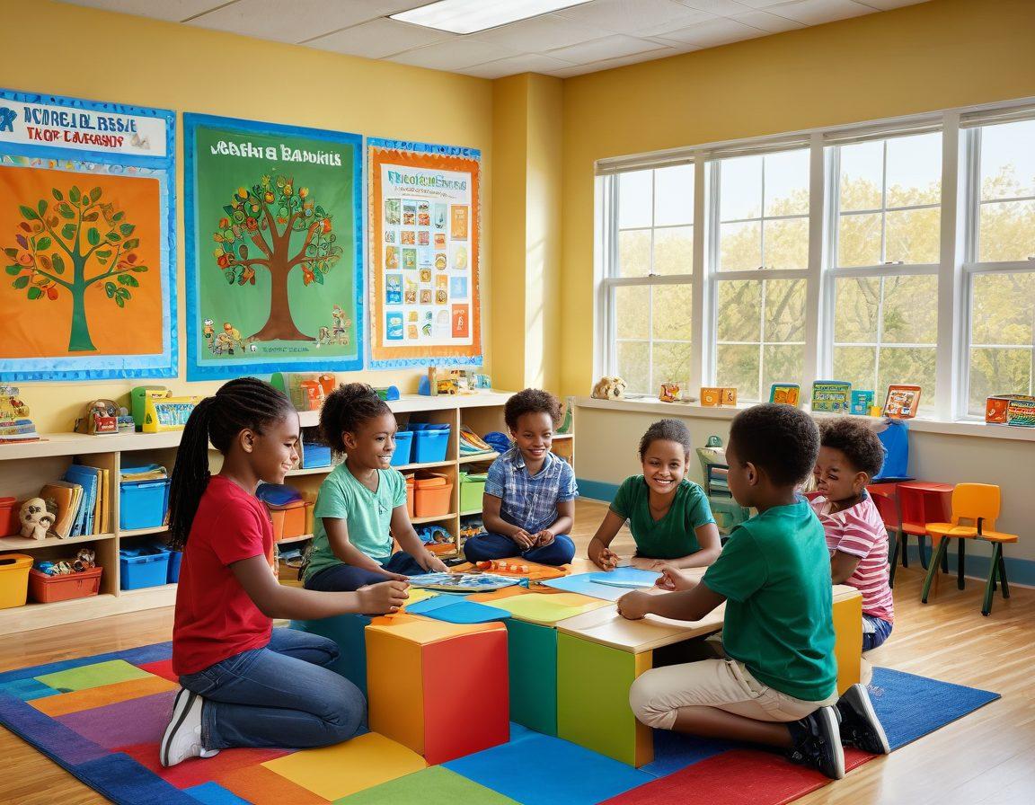 A dynamic classroom scene featuring diverse children engaging with colorful learning tools like building blocks, interactive tablets, and nature-themed activity stations. Include a warm teacher guiding them, with a background of vibrant educational posters and a sunny window. The atmosphere should feel inviting and playful, symbolizing growth and discovery. super-realistic. vibrant colors. warm lighting.